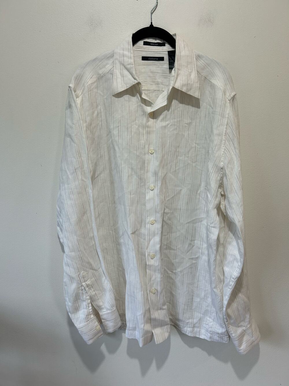 Claiborne linen button down shirt men L long sleeve textured cream casual resort